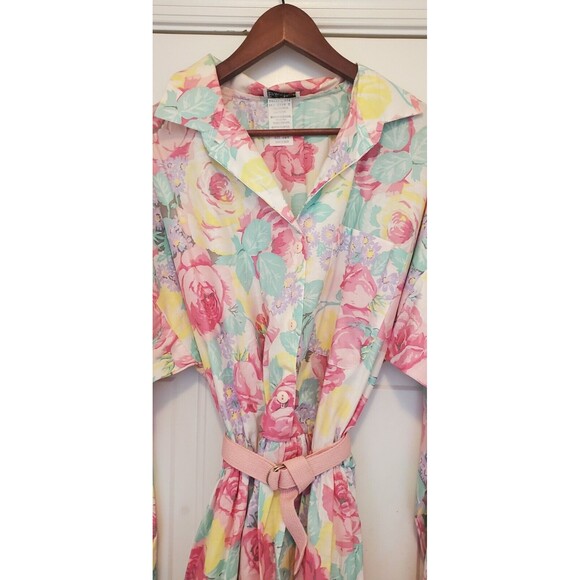 Vtg 1980s Ellen Hart Original Pink Pastel Floral Shirt Dress W/ Belt Flower 22 T - Picture 5 of 16